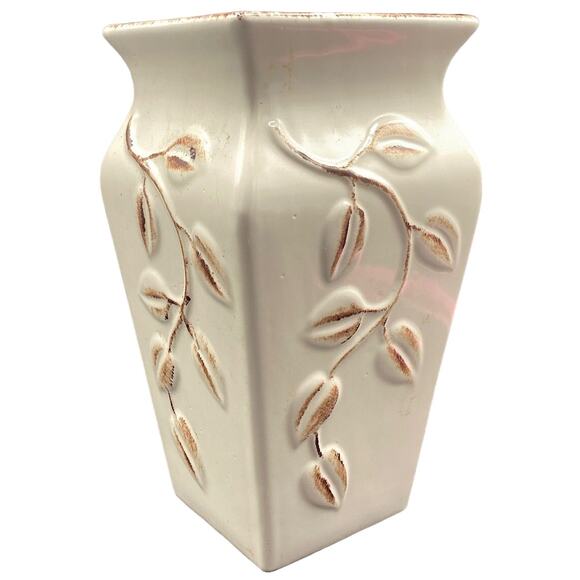 Unbranded Other - Vintage White Ceramic Pottery Vase with Brown Raised relief plant